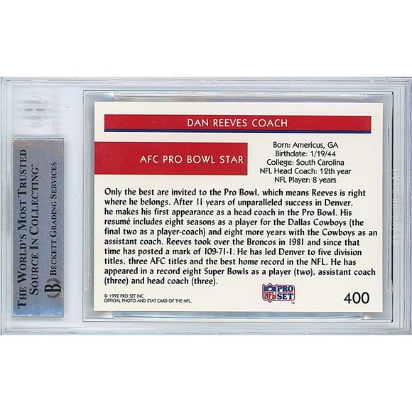 Dan Reeves Autograph 1992 NFL Pro Set Denver Broncos Football Card Beckett Slab - Picture 2 of 5